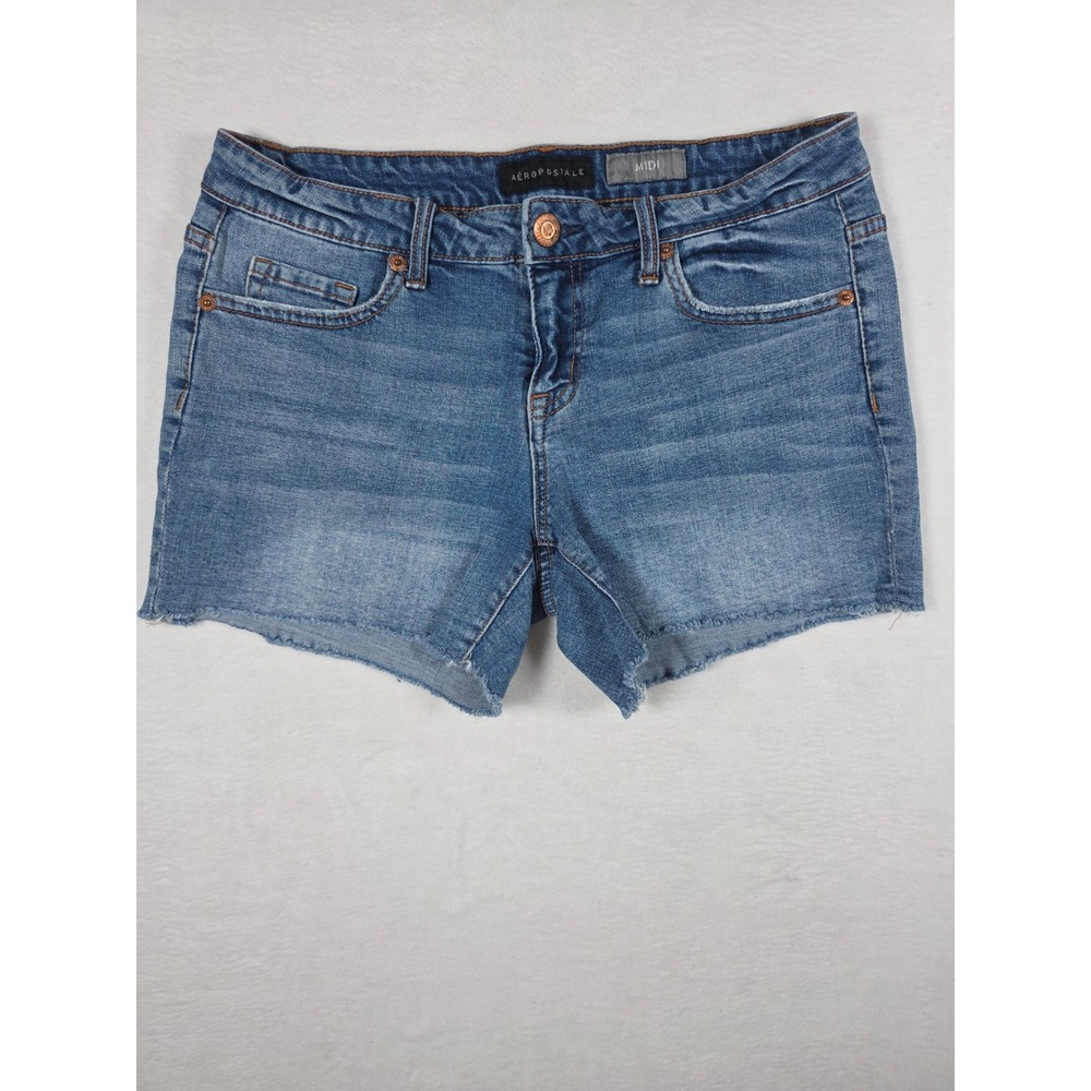 Aeropostale Denim Midi Shorts Raw Hem 8 Medium Wash Casual Summer